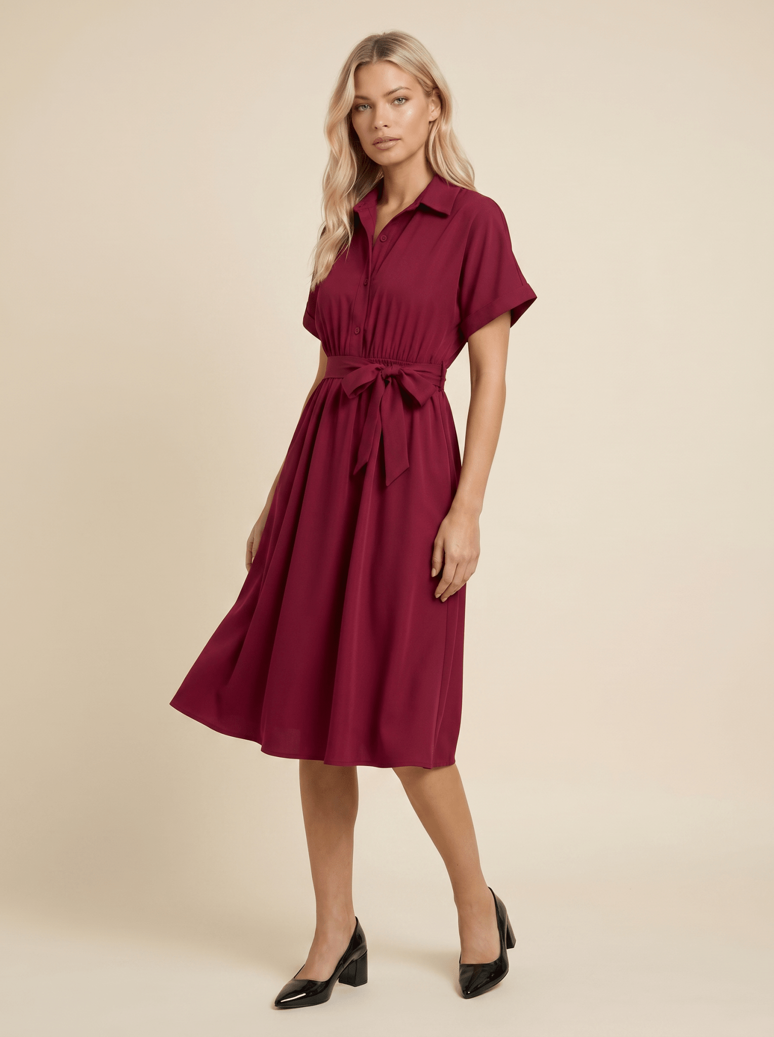 Midi Dress Women Shirt Style Tie Belt Short Sleeve Fit - Evergreen Outfits- Women Midi Dress