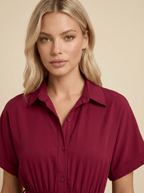 Midi Dress Women Shirt Style Tie Belt Short Sleeve Fit - Evergreen Outfits- Women Midi Dress