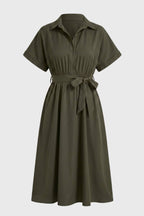 Midi Dress Women Shirt Style Tie Belt Short Sleeve Fit - Evergreen Outfits- Women Midi Dress