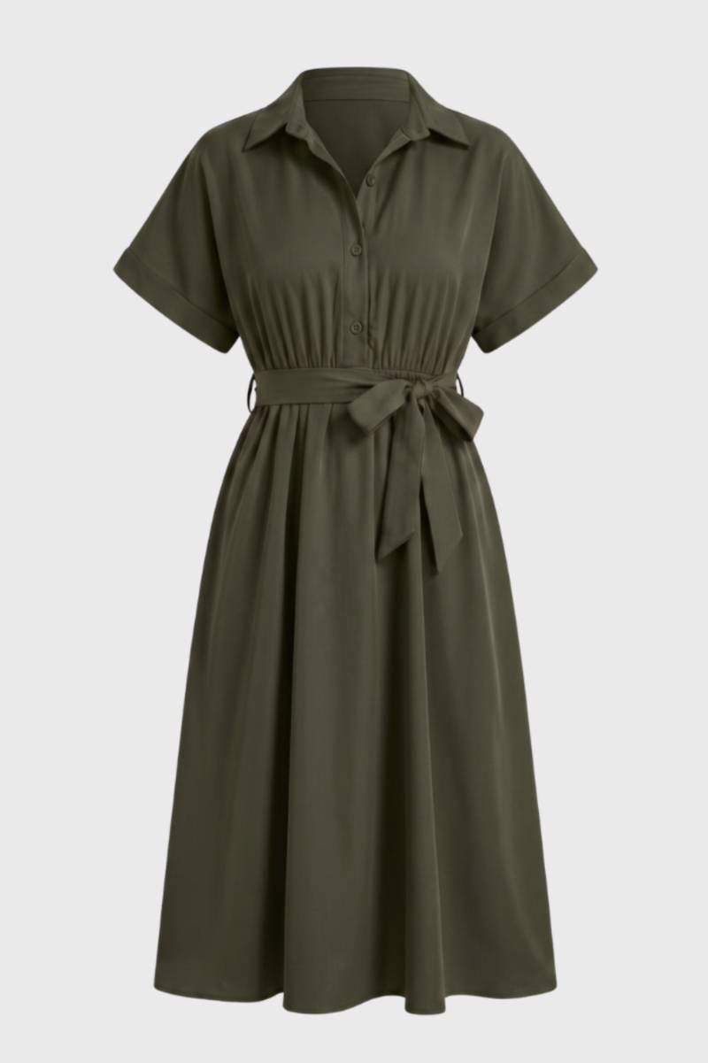 Midi Dress Women Shirt Style Tie Belt Short Sleeve Fit - Evergreen Outfits- Women Midi Dress