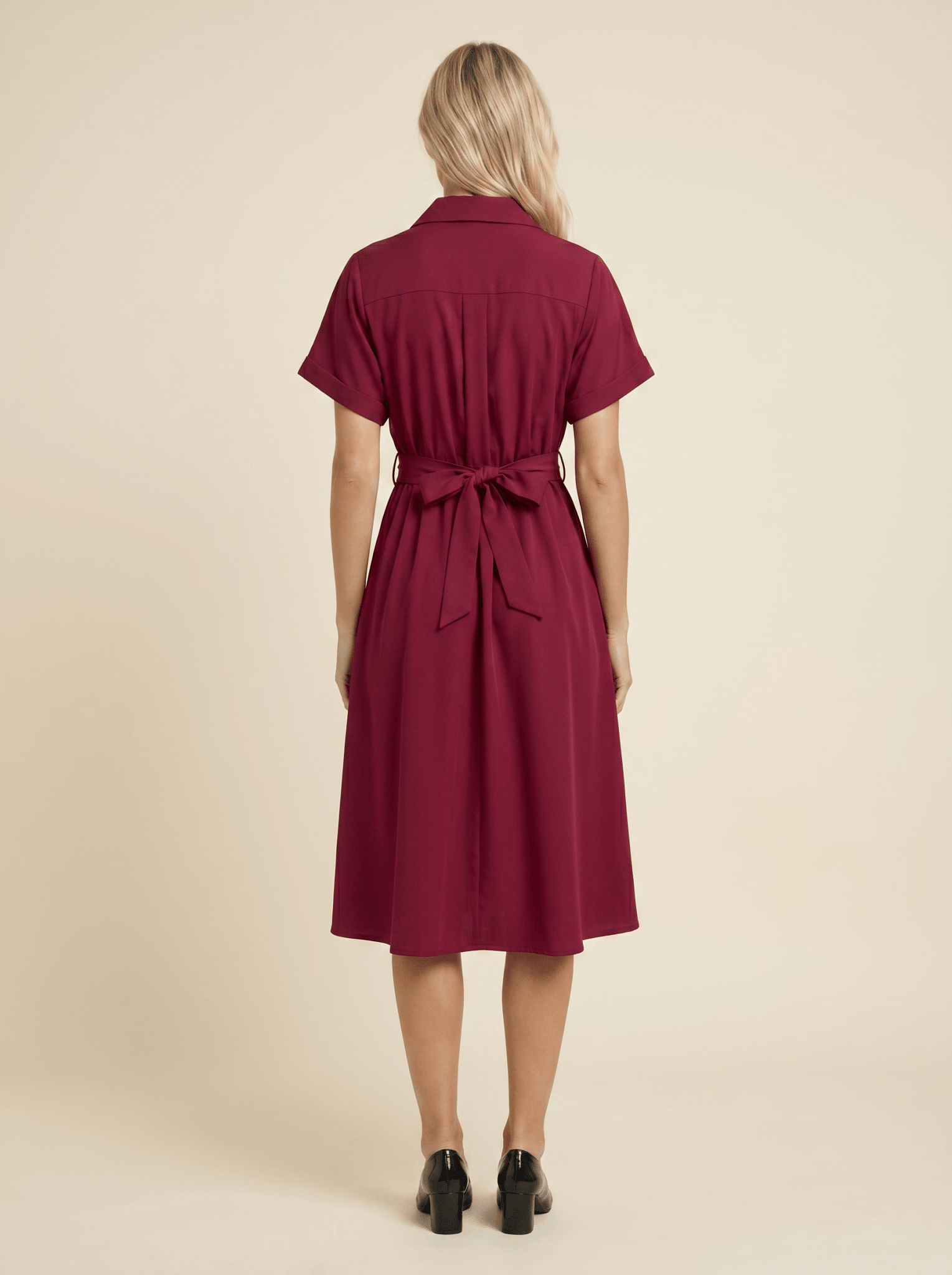 Midi Dress Women Shirt Style Tie Belt Short Sleeve Fit - Evergreen Outfits- Women Midi Dress