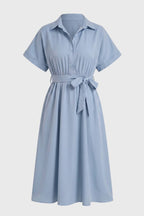 Midi Dress Women Shirt Style Tie Belt Short Sleeve Fit - Evergreen Outfits- Women Midi Dress