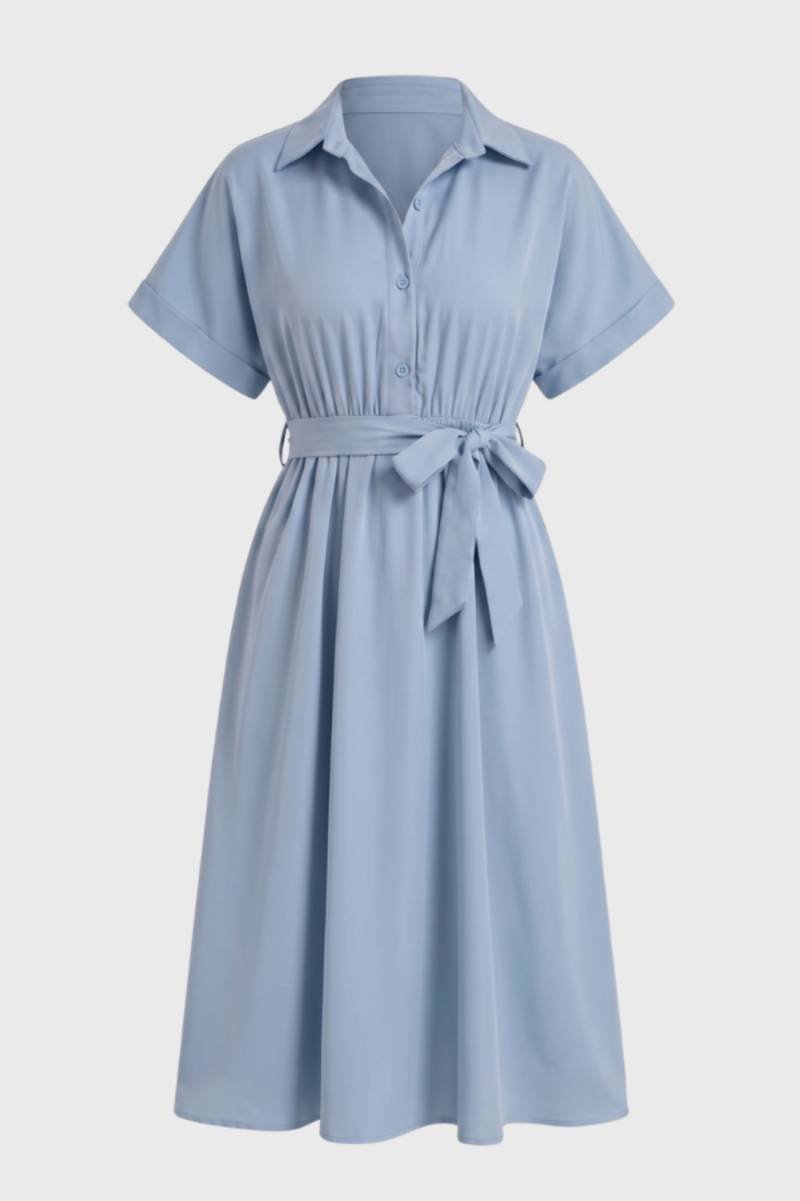 Midi Dress Women Shirt Style Tie Belt Short Sleeve Fit - Evergreen Outfits- Women Midi Dress