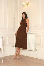 Midi Dress Women Sleeveless Button Front Round Neck - Evergreen Outfits- Women Midi Dress