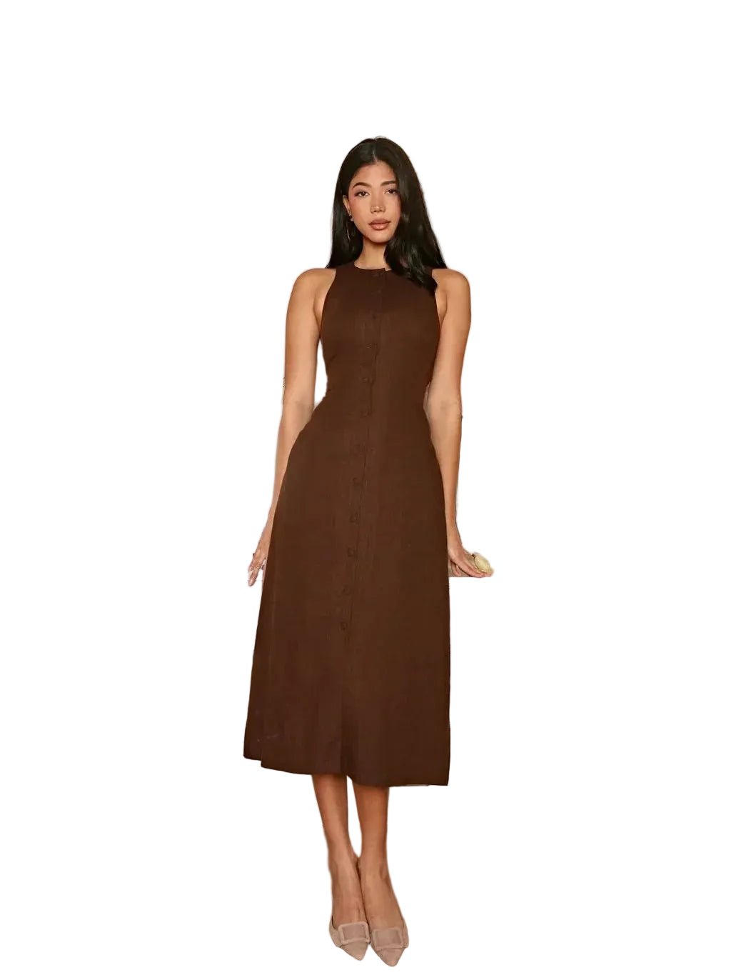 Midi Dress Women Sleeveless Button Front Round Neck - Evergreen Outfits- Women Midi Dress