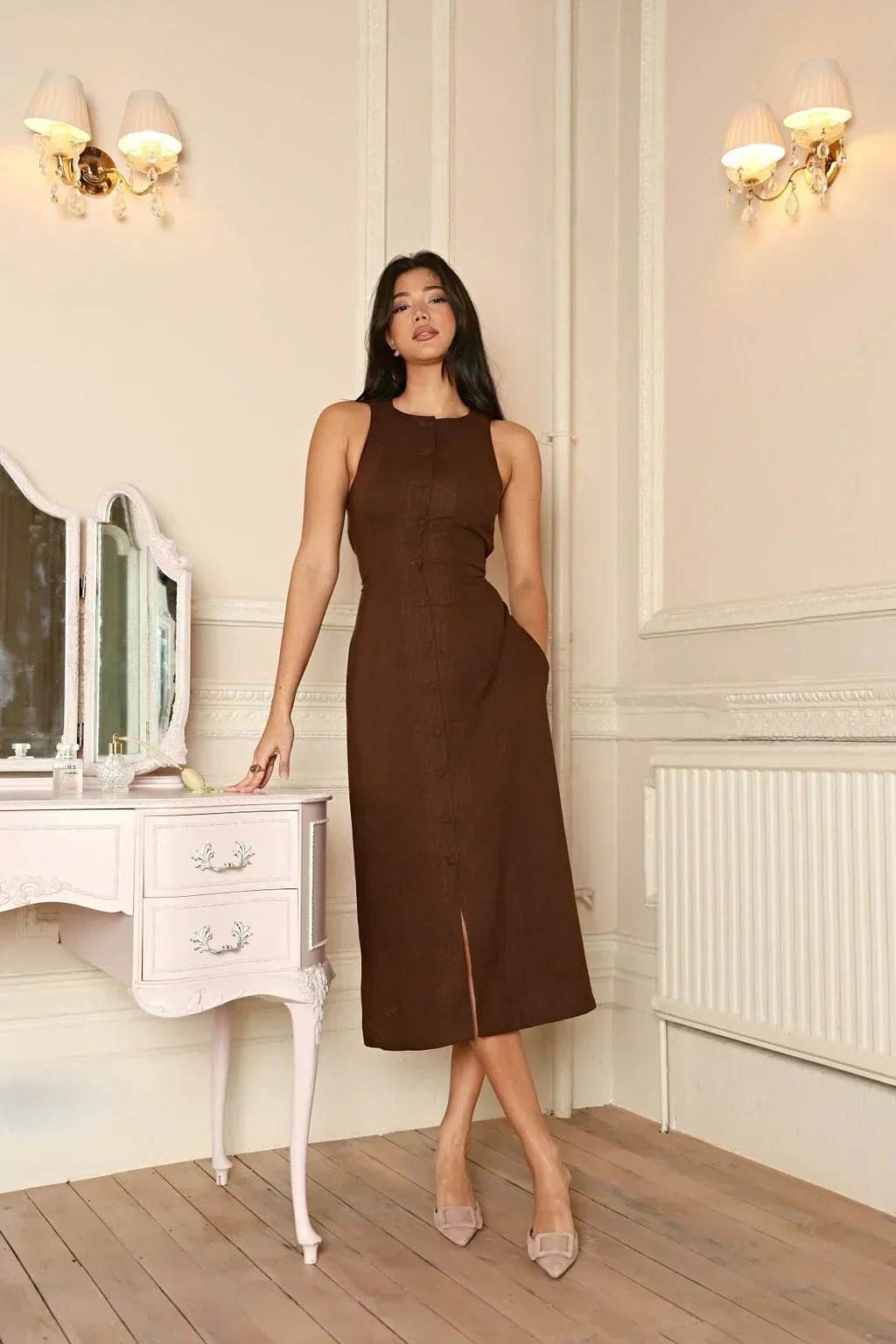 Midi Dress Women Sleeveless Button Front Round Neck - Evergreen Outfits- Women Midi Dress