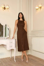 Midi Dress Women Sleeveless Button Front Round Neck - Evergreen Outfits- Women Midi Dress