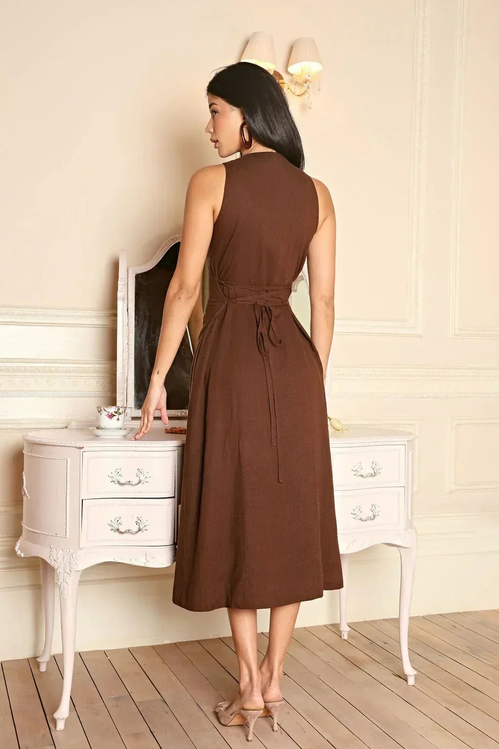 Midi Dress Women Sleeveless Button Front Round Neck - Evergreen Outfits- Women Midi Dress