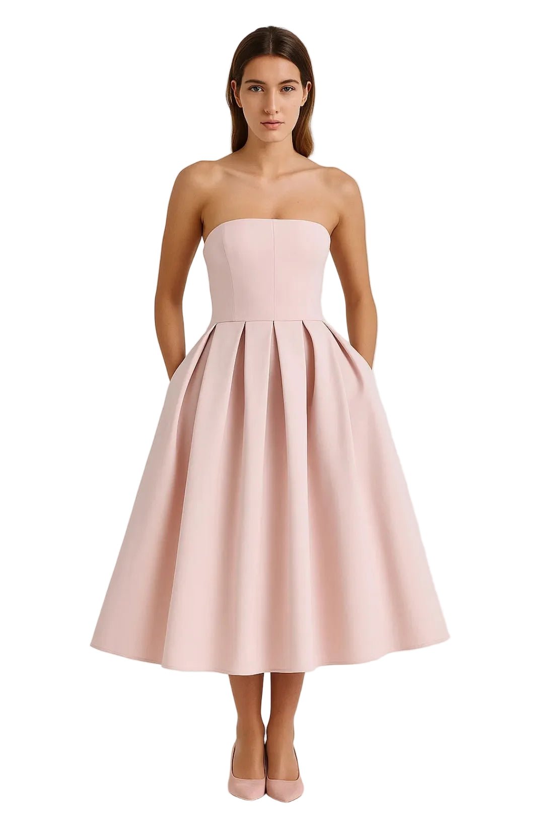 Midi Dress Women Strapless Fitted Bodice Flared Skirt - Evergreen Outfits - Women Midi Dress