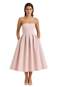 Midi Dress Women Strapless Fitted Bodice Flared Skirt - Evergreen Outfits - Women Midi Dress