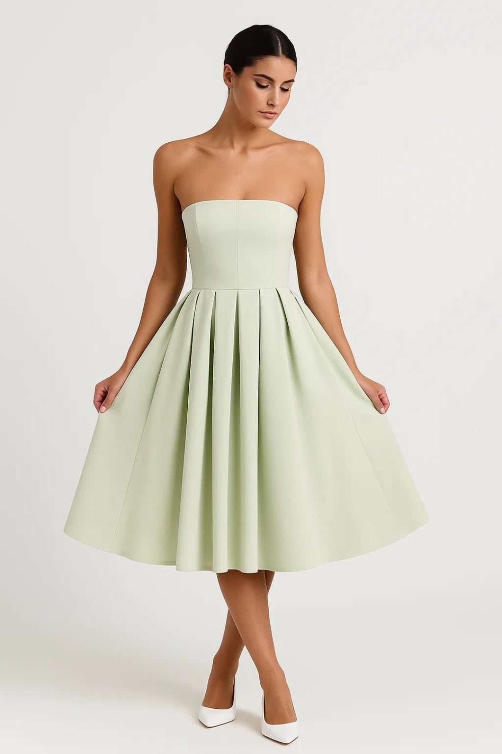 Midi Dress Women Strapless Fitted Bodice Flared Skirt - Evergreen Outfits - Women Midi Dress