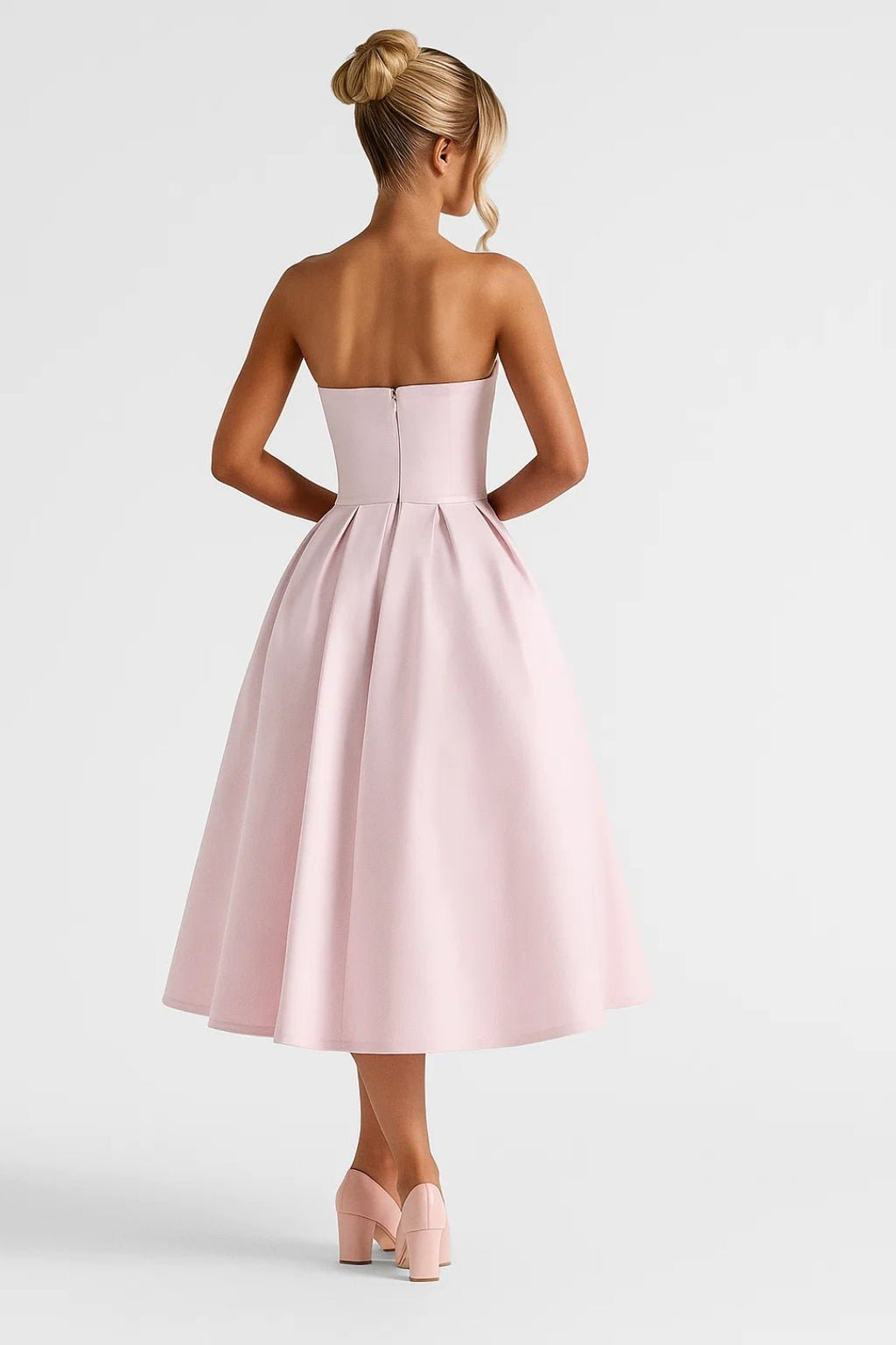 Midi Dress Women Strapless Fitted Bodice Flared Skirt - Evergreen Outfits - Women Midi Dress