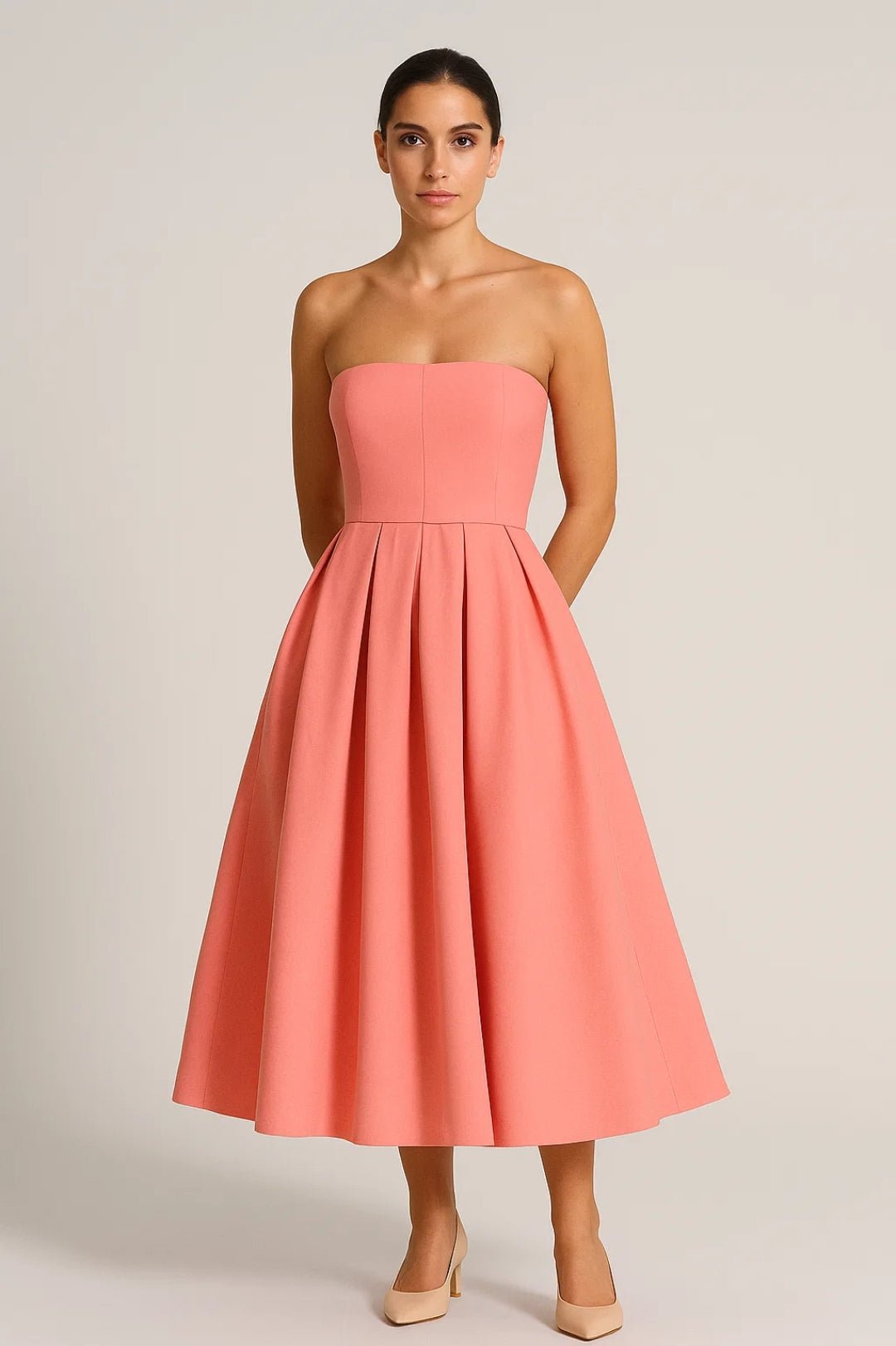 Midi Dress Women Strapless Fitted Bodice Flared Skirt - Evergreen Outfits - Women Midi Dress