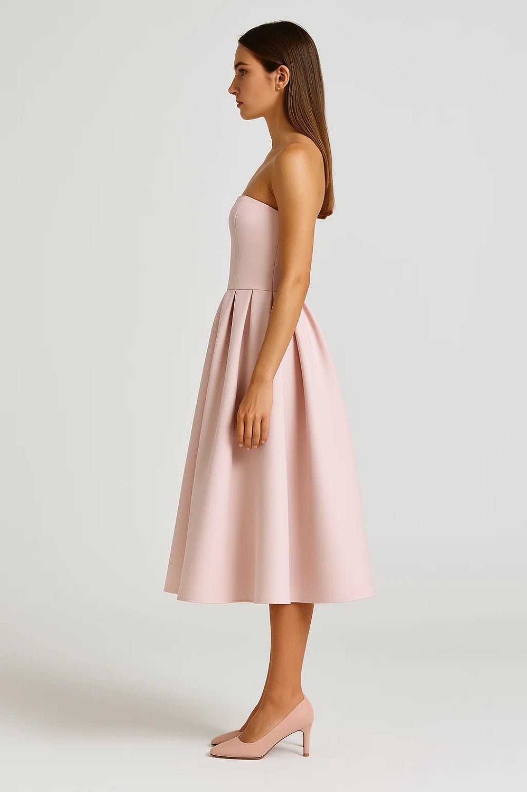 Midi Dress Women Strapless Fitted Bodice Flared Skirt - Evergreen Outfits - Women Midi Dress