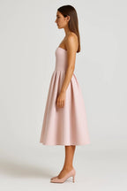 Midi Dress Women Strapless Fitted Bodice Flared Skirt - Evergreen Outfits - Women Midi Dress