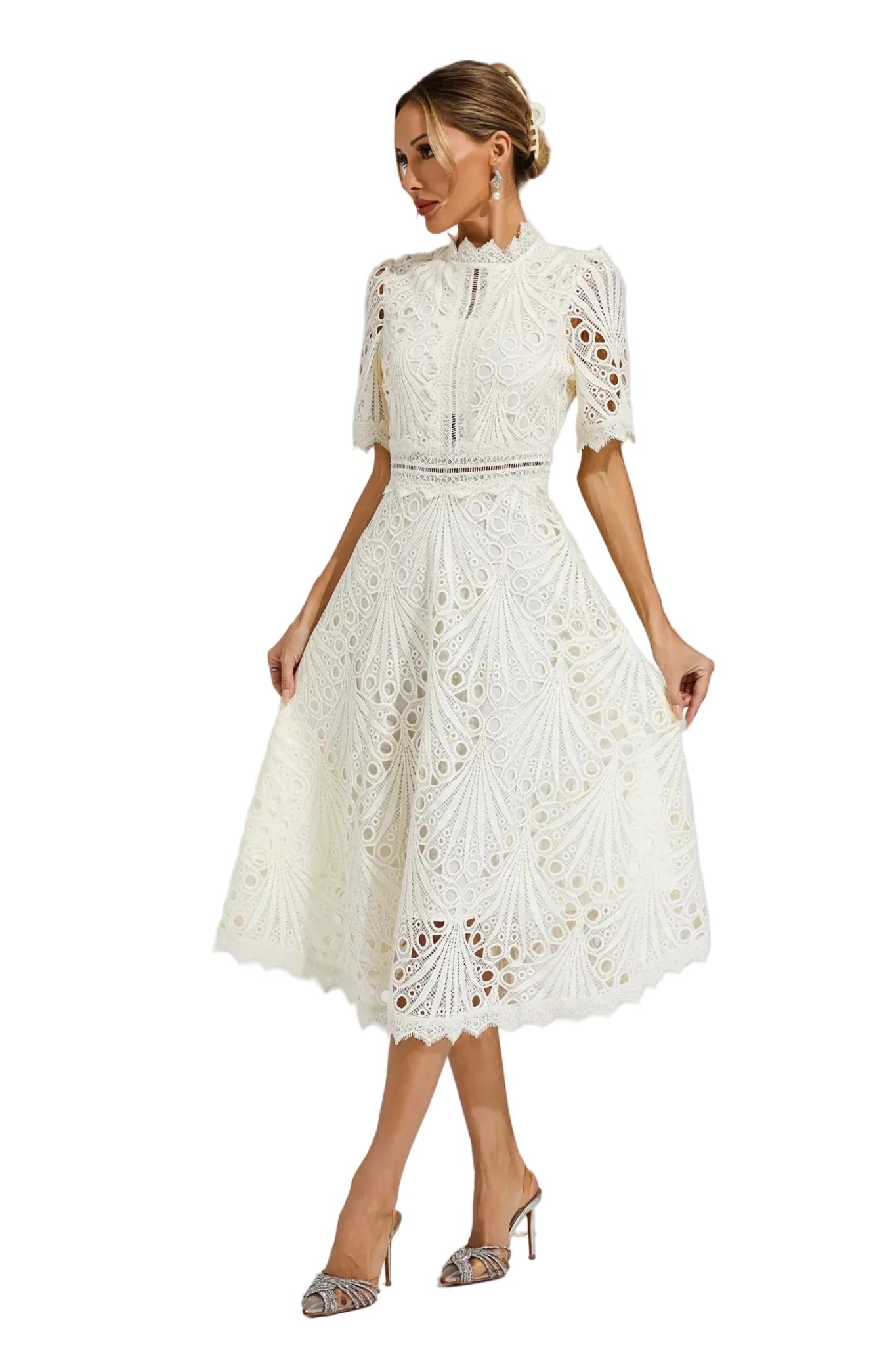 Midi Dress Women Tailored Fit Scoop Neck Lace Detail - Evergreen Outfits - Women Midi Dress