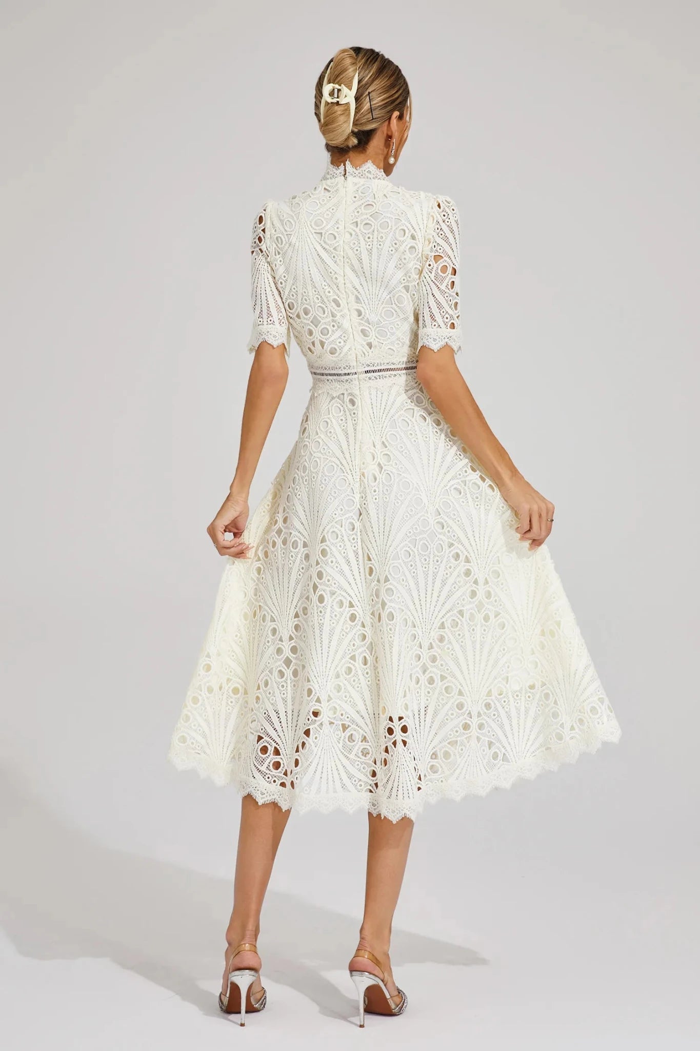 Midi Dress Women Tailored Fit Scoop Neck Lace Detail - Evergreen Outfits - Women Midi Dress