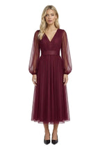 Midi Dress Women Tulle V-Neck Long Sleeve Fitted Waist - Evergreen Outfits- Women Midi Dress