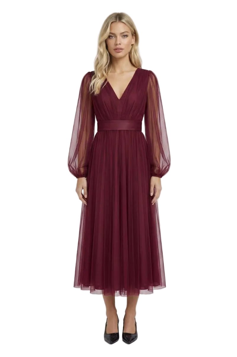 Midi Dress Women Tulle V-Neck Long Sleeve Fitted Waist - Evergreen Outfits- Women Midi Dress