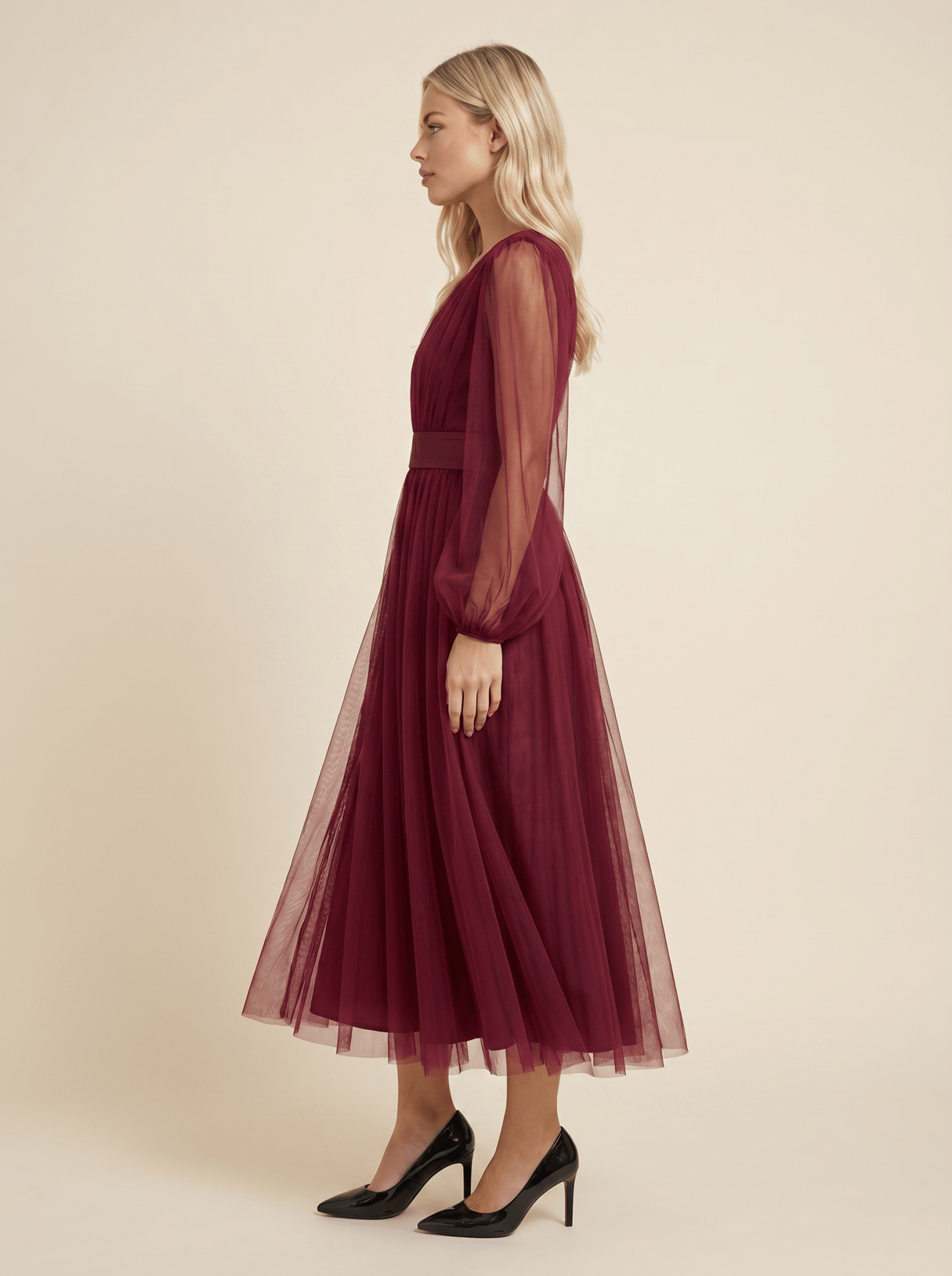 Midi Dress Women Tulle V-Neck Long Sleeve Fitted Waist - Evergreen Outfits- Women Midi Dress