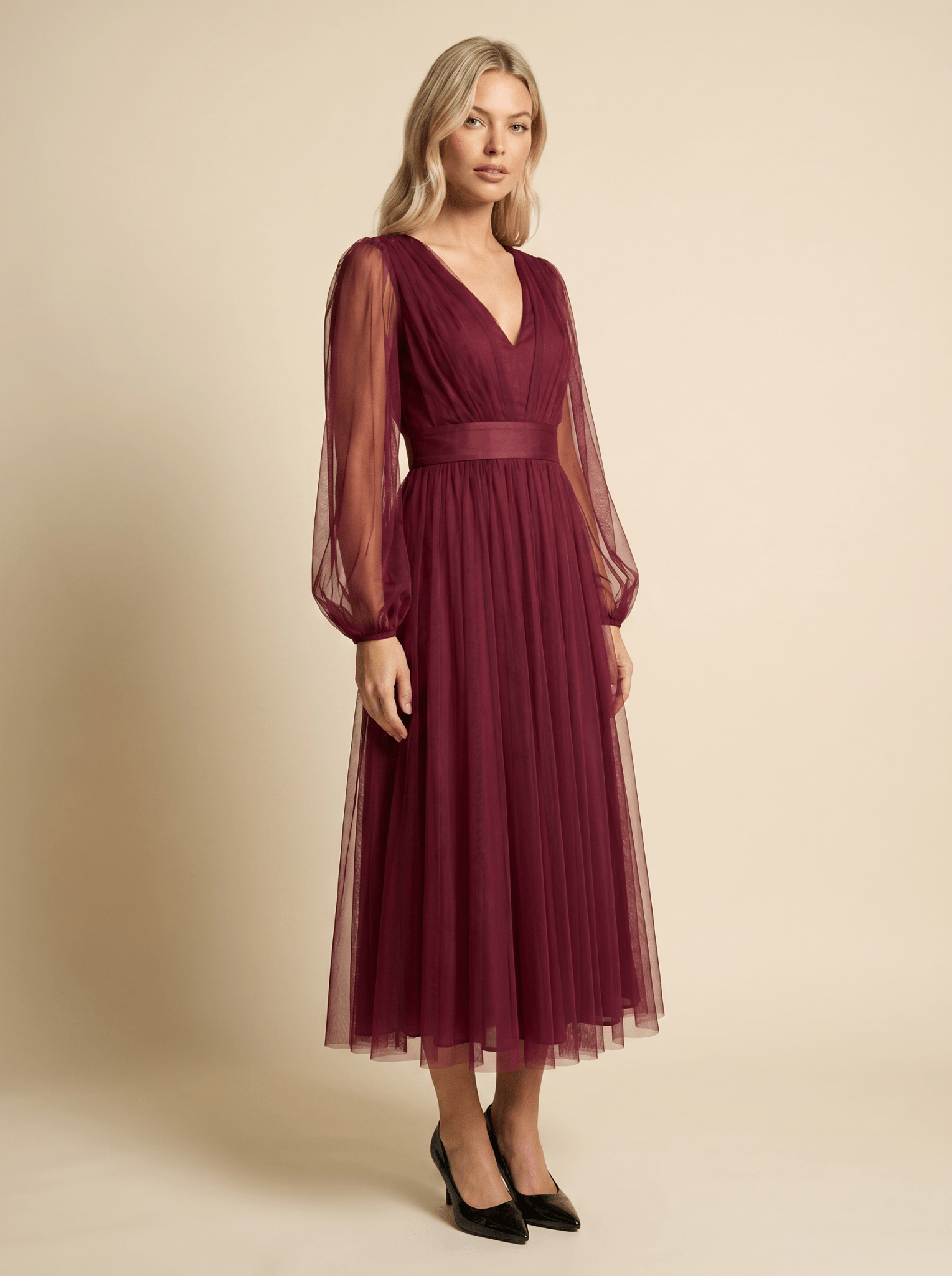 Midi Dress Women Tulle V-Neck Long Sleeve Fitted Waist - Evergreen Outfits- Women Midi Dress