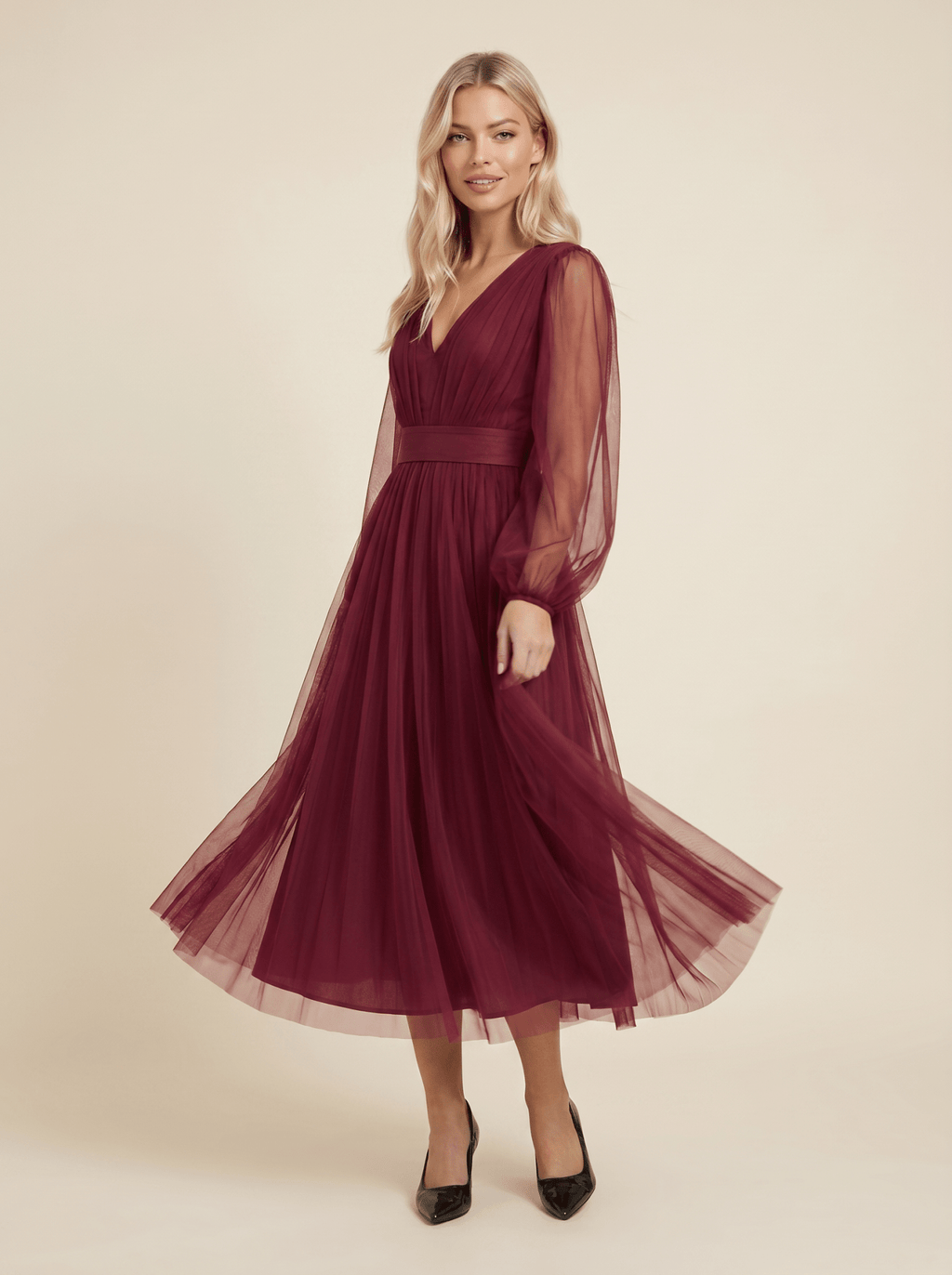 Midi Dress Women Tulle V-Neck Long Sleeve Fitted Waist - Evergreen Outfits- Women Midi Dress