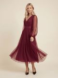 Midi Dress Women Tulle V-Neck Long Sleeve Fitted Waist - Evergreen Outfits- Women Midi Dress