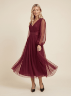 Midi Dress Women Tulle V-Neck Long Sleeve Fitted Waist - Evergreen Outfits- Women Midi Dress