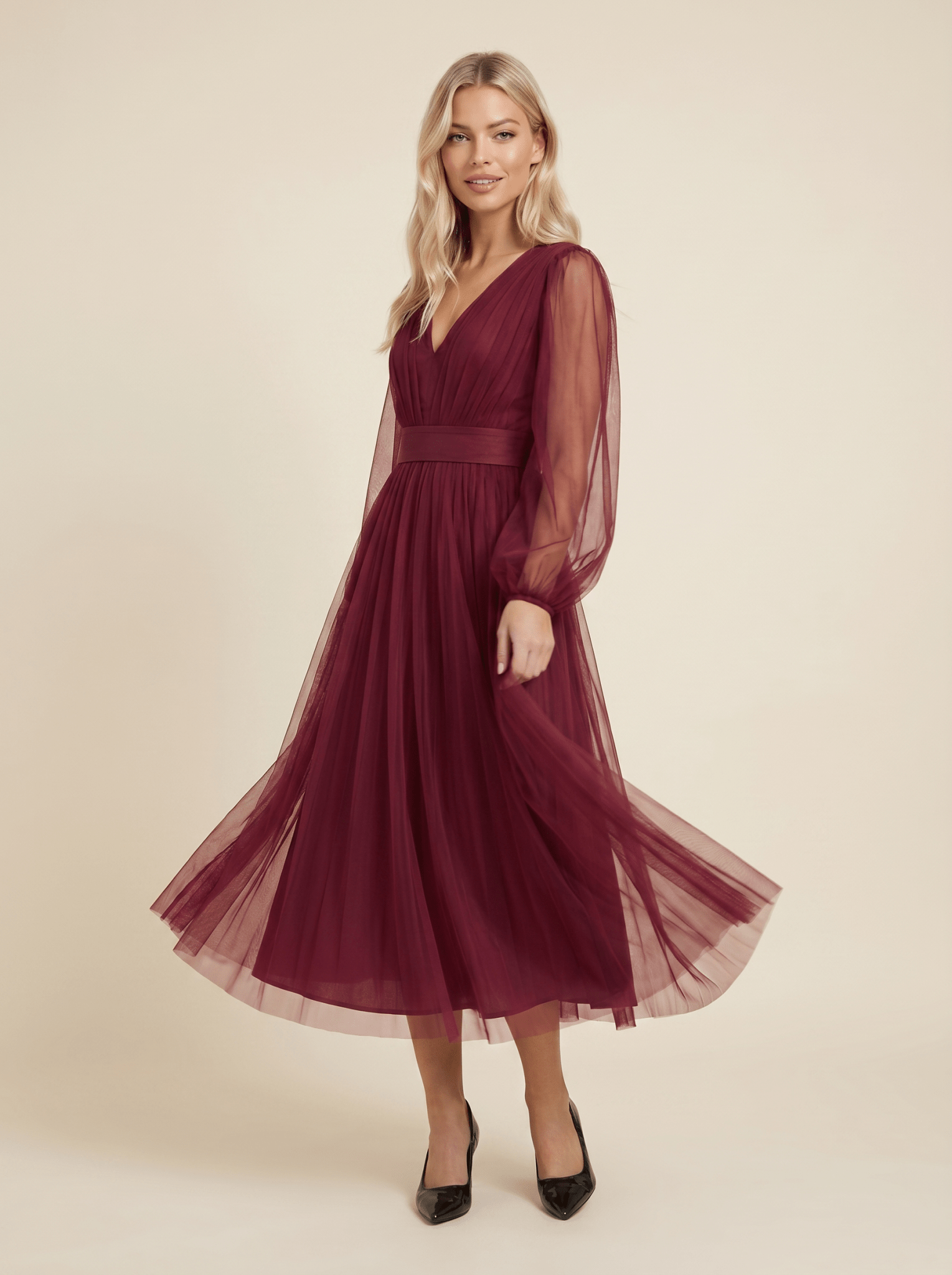 Midi Dress Women Tulle V-Neck Long Sleeve Fitted Waist - Evergreen Outfits- Women Midi Dress