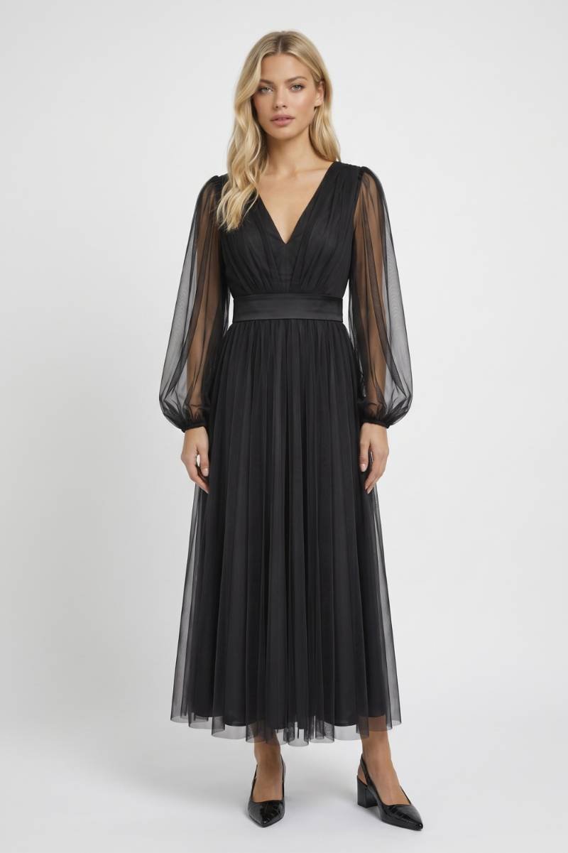 Midi Dress Women Tulle V-Neck Long Sleeve Fitted Waist - Evergreen Outfits- Women Midi Dress