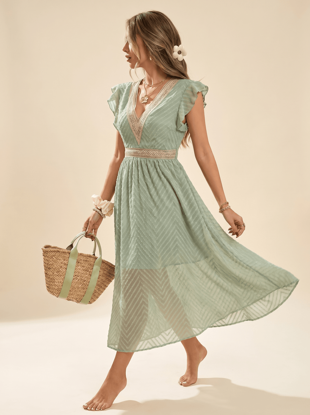 Midi Dress Women V - Neck Short Sleeve Crochet Trim - Evergreen Outfits - Women Midi Dress