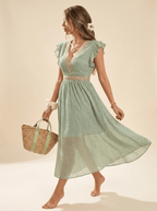 Midi Dress Women V - Neck Short Sleeve Crochet Trim - Evergreen Outfits - Women Midi Dress
