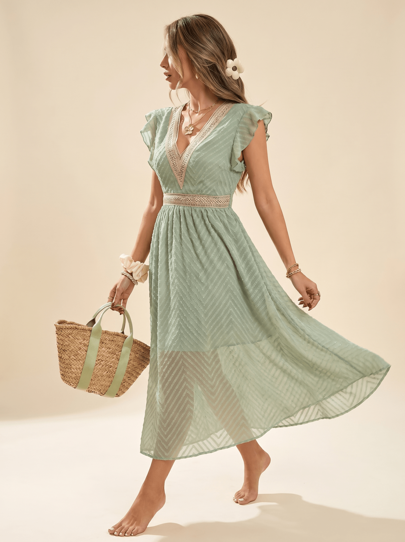 Midi Dress Women V - Neck Short Sleeve Crochet Trim - Evergreen Outfits - Women Midi Dress