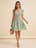 Midi Dress Women V - Neck Short Sleeve Crochet Trim - Evergreen Outfits - Women Midi Dress