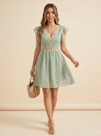 Midi Dress Women V - Neck Short Sleeve Crochet Trim - Evergreen Outfits - Women Midi Dress