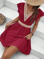 Midi Dress Women V - Neck Short Sleeve Crochet Trim - Evergreen Outfits - Women Midi Dress