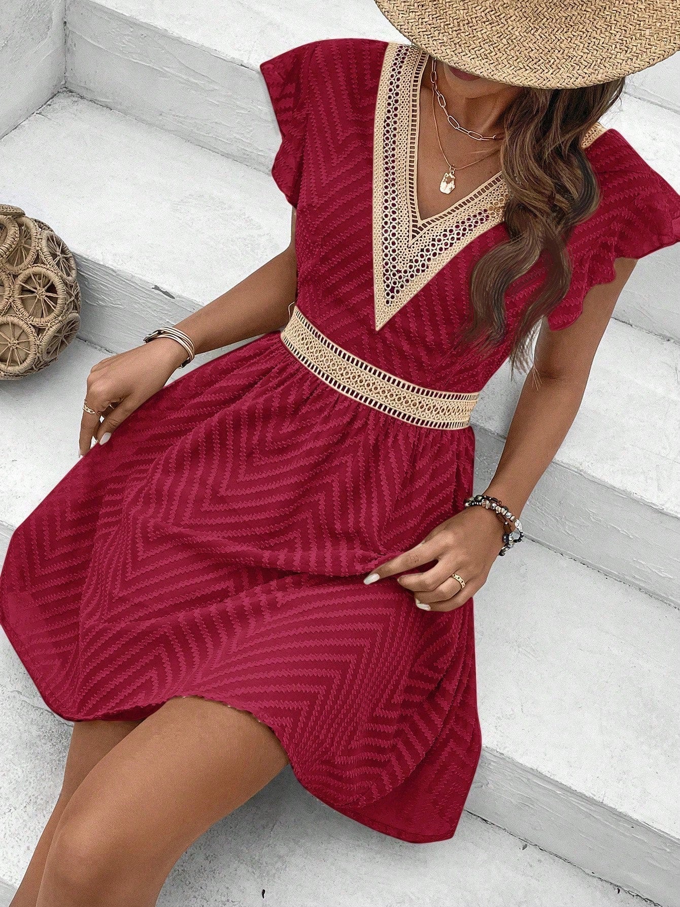 Midi Dress Women V - Neck Short Sleeve Crochet Trim - Evergreen Outfits - Women Midi Dress