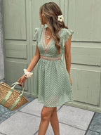 Midi Dress Women V - Neck Short Sleeve Crochet Trim - Evergreen Outfits - Women Midi Dress