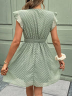 Midi Dress Women V - Neck Short Sleeve Crochet Trim - Evergreen Outfits - Women Midi Dress