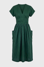Midi Dress Women V-Neck Short Sleeve Pleated Waist Pockets - Evergreen Outfits- Women Midi Dress