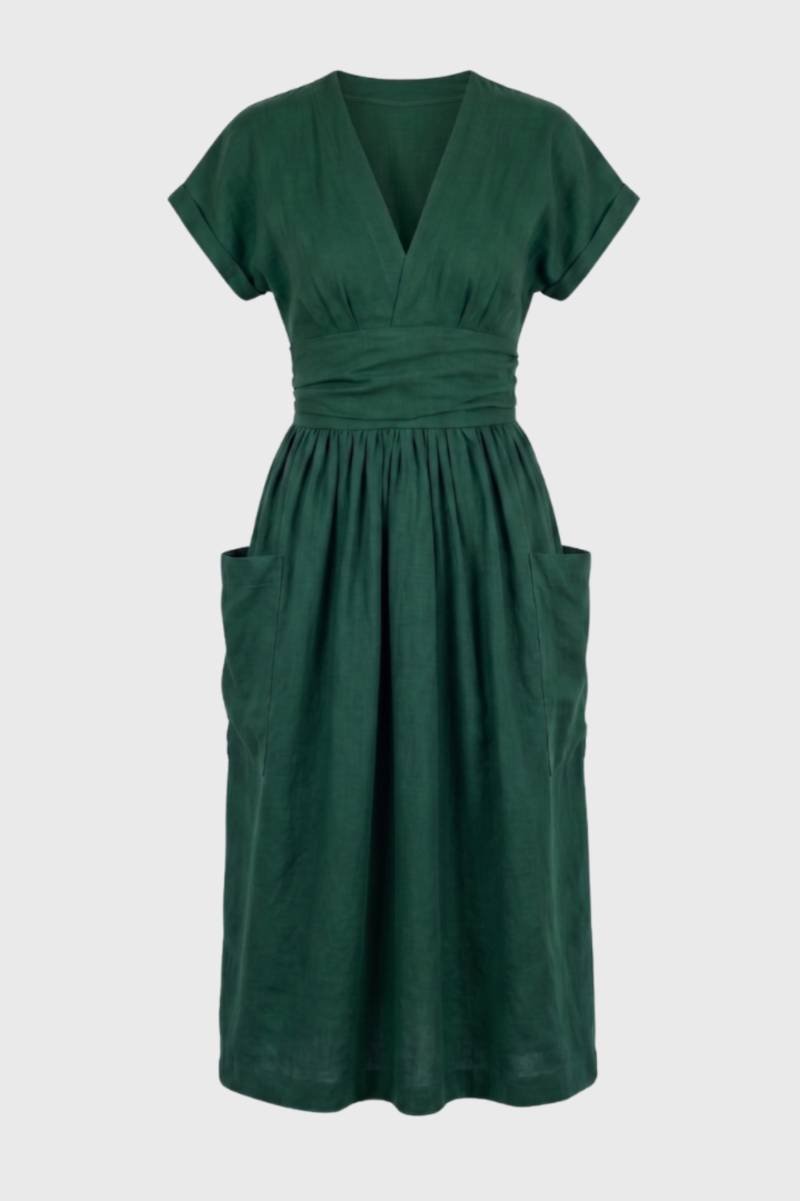 Midi Dress Women V-Neck Short Sleeve Pleated Waist Pockets - Evergreen Outfits- Women Midi Dress