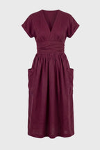 Midi Dress Women V-Neck Short Sleeve Pleated Waist Pockets - Evergreen Outfits- Women Midi Dress
