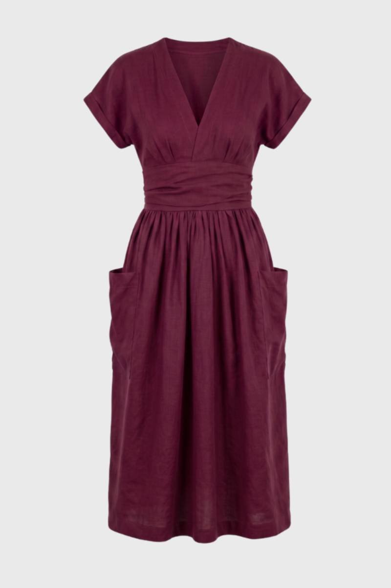 Midi Dress Women V-Neck Short Sleeve Pleated Waist Pockets - Evergreen Outfits- Women Midi Dress