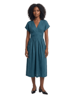 Midi Dress Women V-Neck Short Sleeve Pleated Waist Pockets - Evergreen Outfits- Women Midi Dress