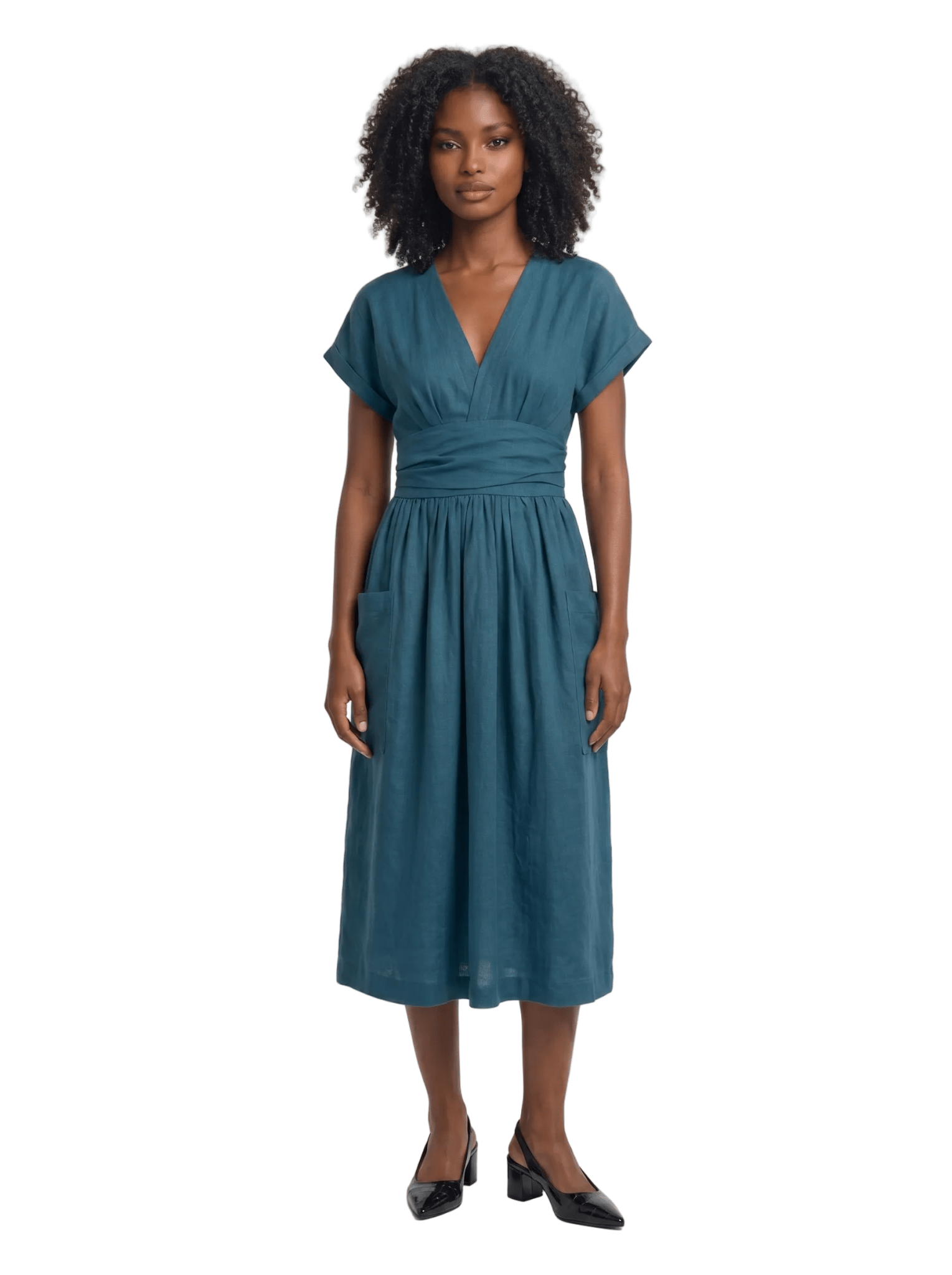 Midi Dress Women V-Neck Short Sleeve Pleated Waist Pockets - Evergreen Outfits- Women Midi Dress