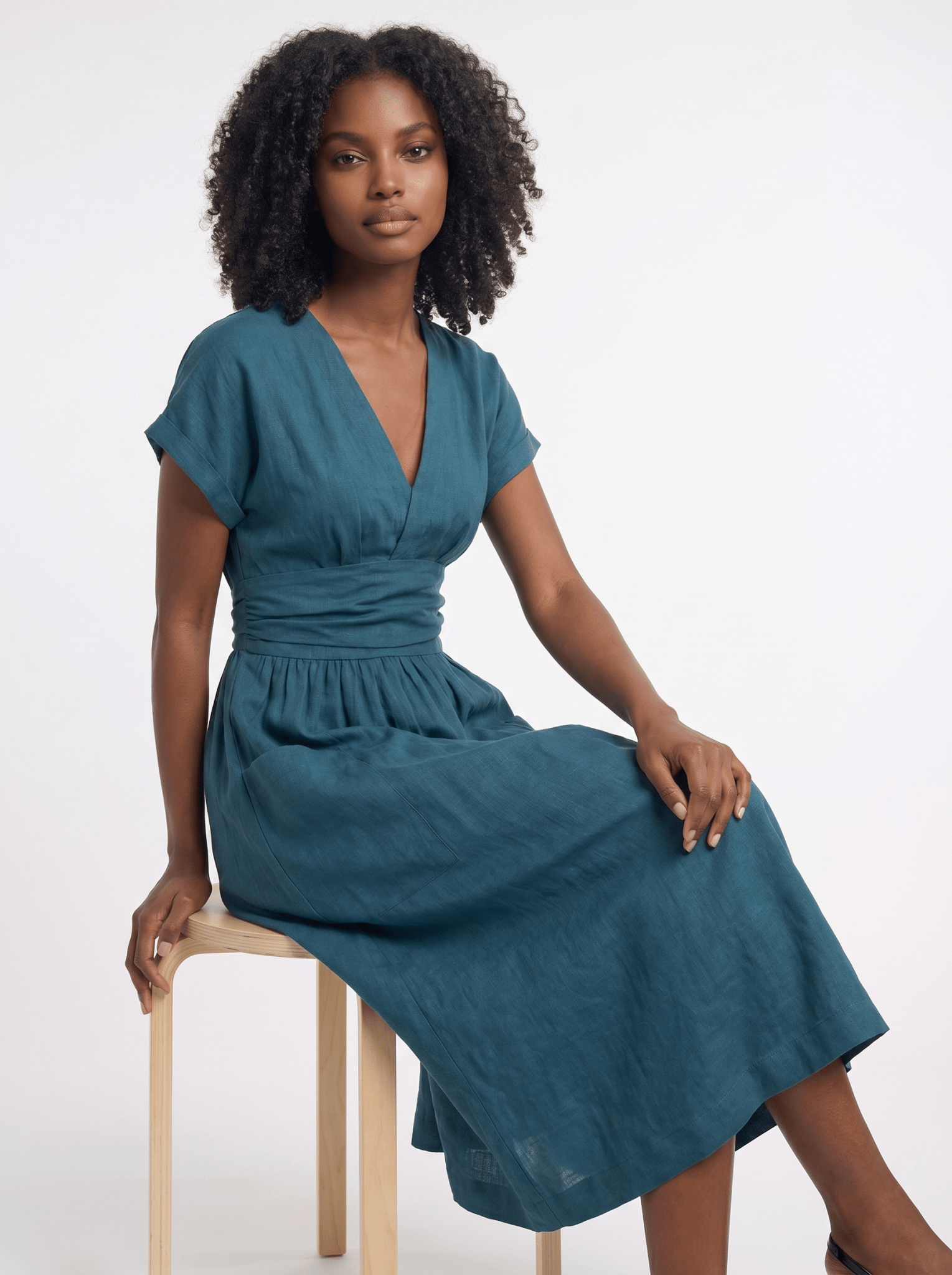Midi Dress Women V-Neck Short Sleeve Pleated Waist Pockets - Evergreen Outfits- Women Midi Dress