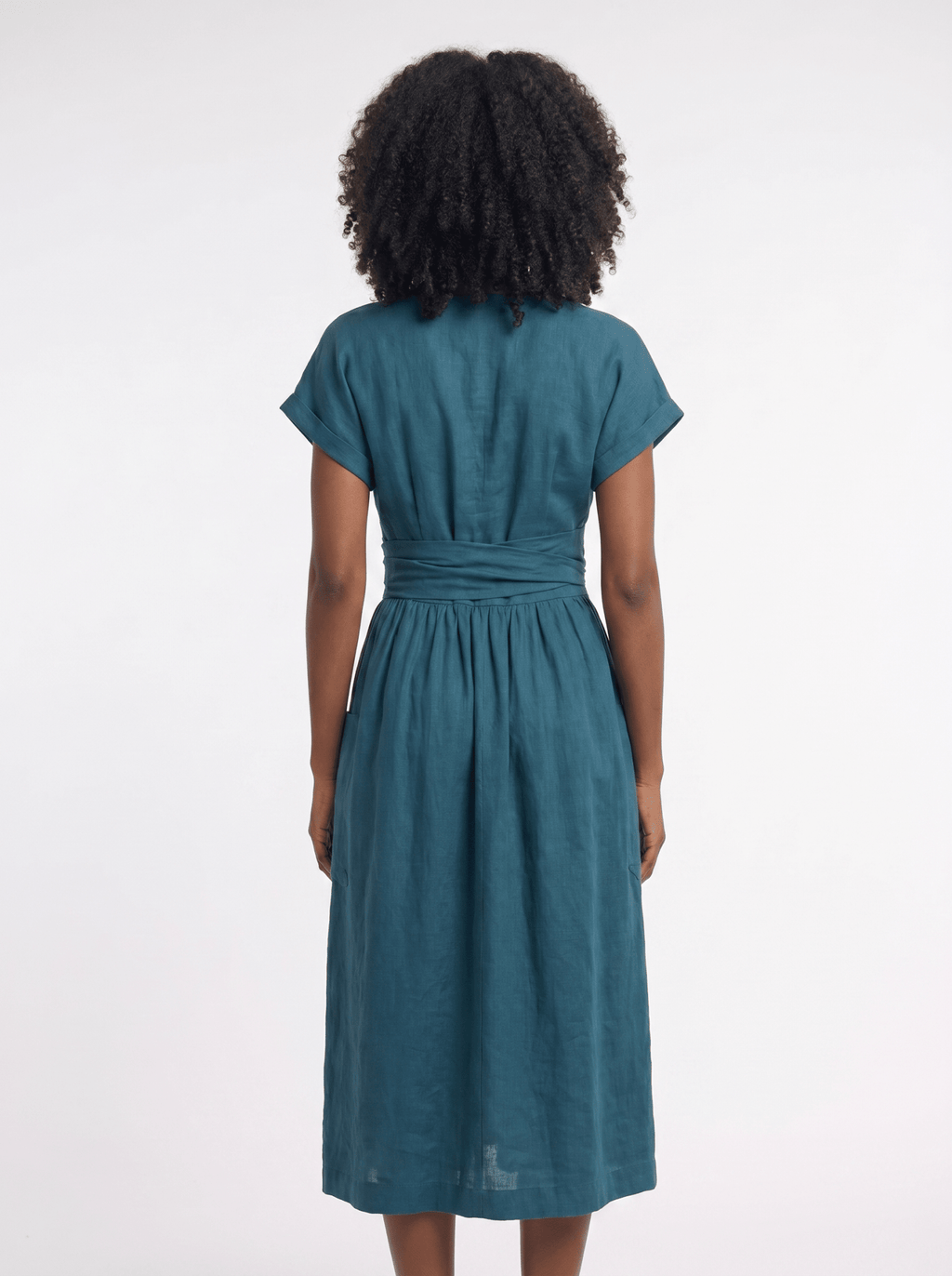 Midi Dress Women V-Neck Short Sleeve Pleated Waist Pockets - Evergreen Outfits- Women Midi Dress