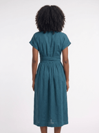 Midi Dress Women V-Neck Short Sleeve Pleated Waist Pockets - Evergreen Outfits- Women Midi Dress