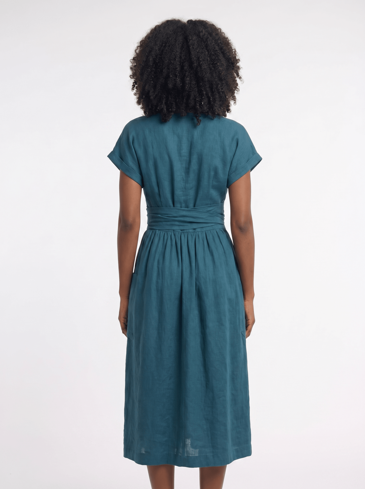 Midi Dress Women V-Neck Short Sleeve Pleated Waist Pockets - Evergreen Outfits- Women Midi Dress