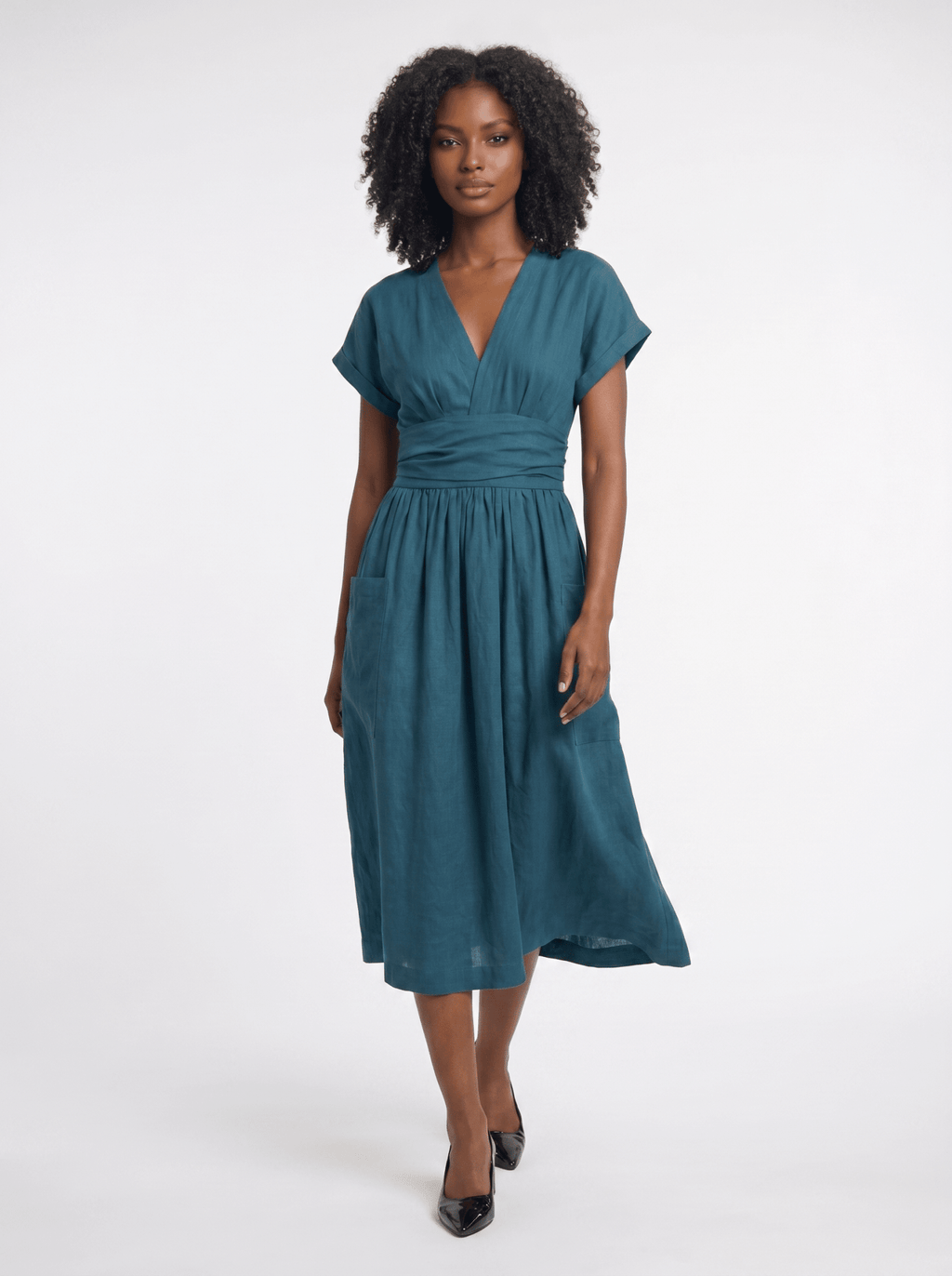 Midi Dress Women V-Neck Short Sleeve Pleated Waist Pockets - Evergreen Outfits- Women Midi Dress